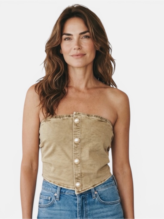 Source Unknown Tops - Strapless Whimsy Goth Pearl-Button Crop Top in Khaki Size L